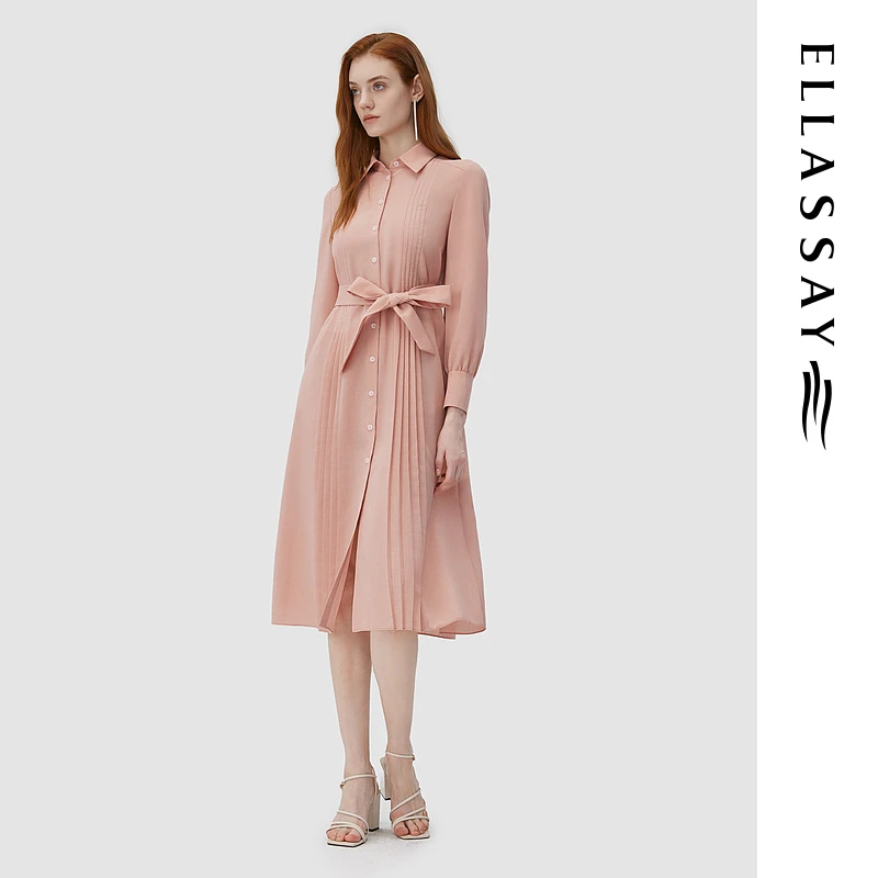 ELLASSAY歌力思欧若假日风粉色收腰衬衫连衣裙女EWD343Y01900