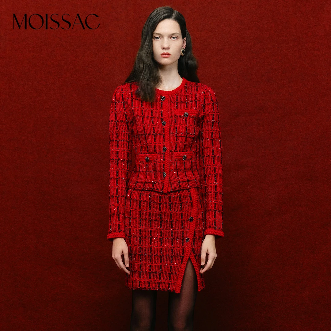 MOISSAC摩萨克冬H型法式小香风珠片仿粗花呢针织开衫女MWDD30603