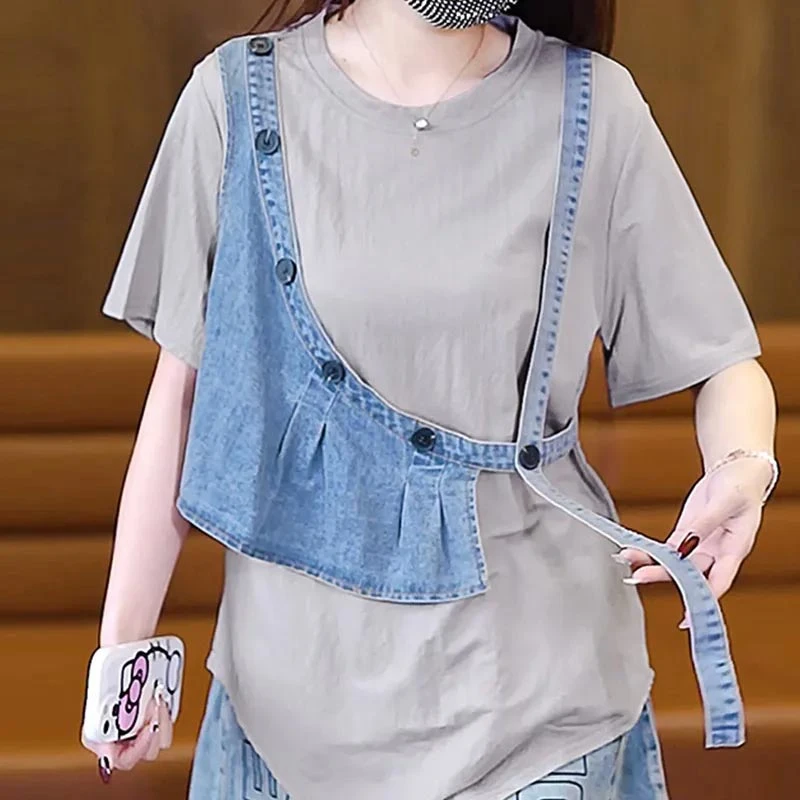 2025年夏女牛仔短裤上衣短袖时尚套装百搭时尚小众简约通勤设计感