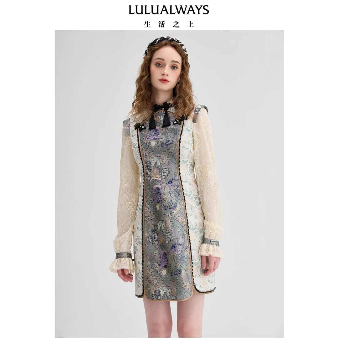 LULUALWAYS 24秋季新款新中式旗袍蕾丝拼接提花连衣裙C5070