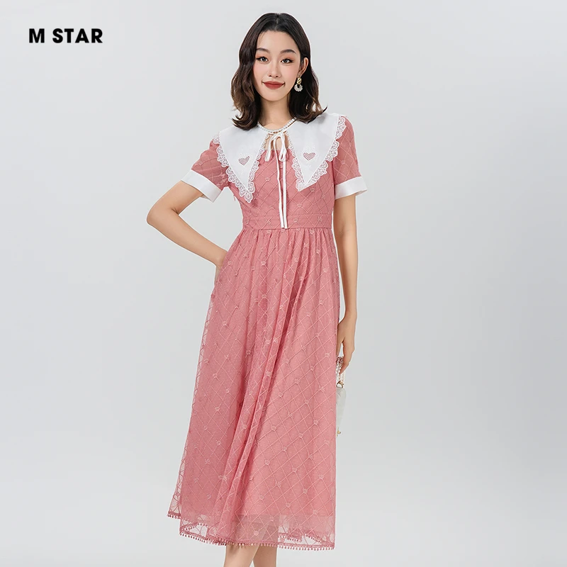 【九月专属】M-Star翻领网纱短袖中长连衣裙SCBL131357