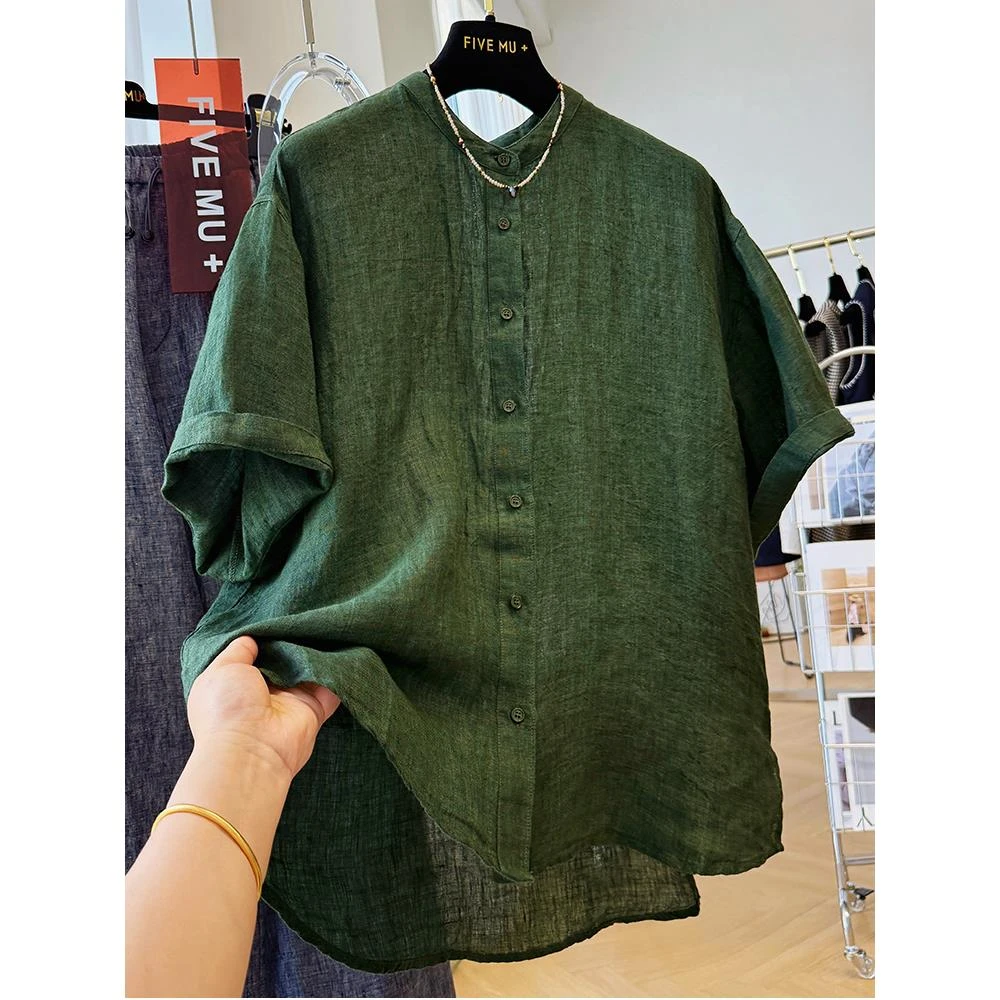 特大码300斤男女夏季亚麻慵懒风休闲圆领宽松短袖衬衫上衣薄款