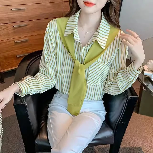 假两件衬衫长袖上衣时尚条纹设计感小众洋气百搭宽松大码显瘦衬衣