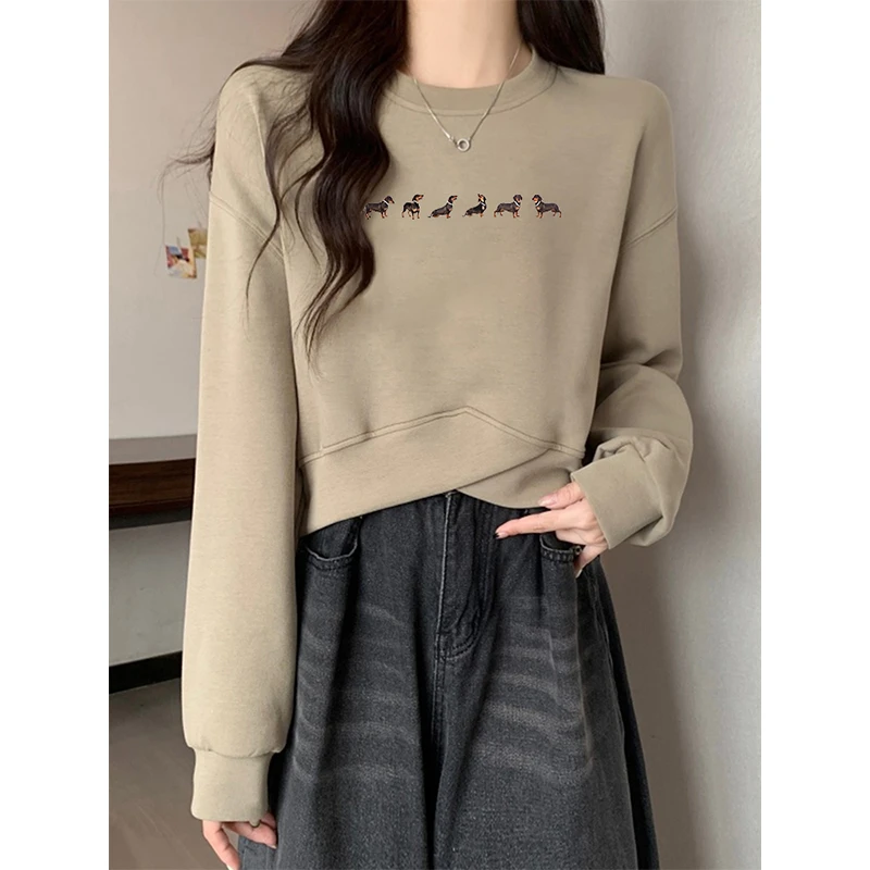 美式宽松圆领卫衣女春秋2025新款不规则设计感字母印花套头短上衣