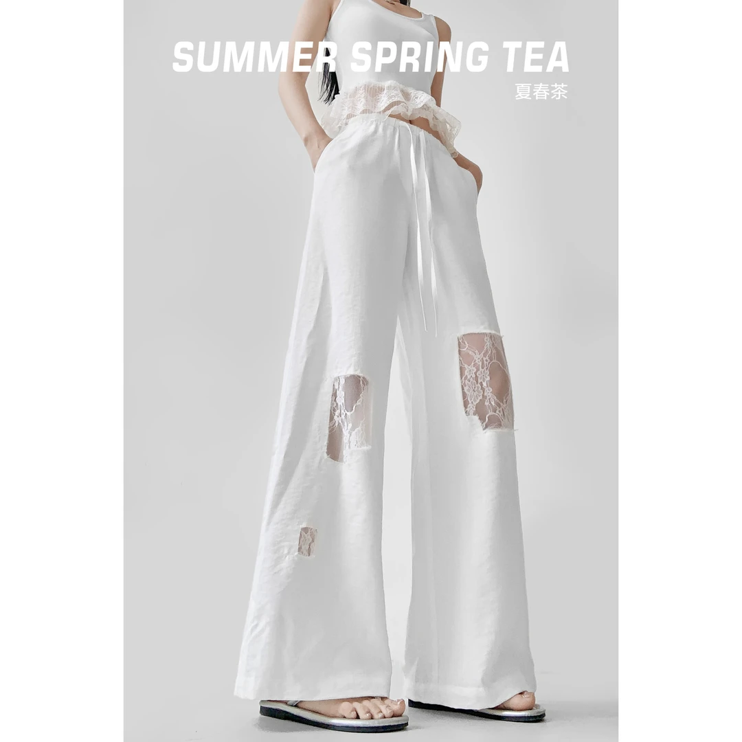 【夏春茶】原创个性设计 夏季水洗破洞裤女宽松高腰蕾丝阔腿长裤