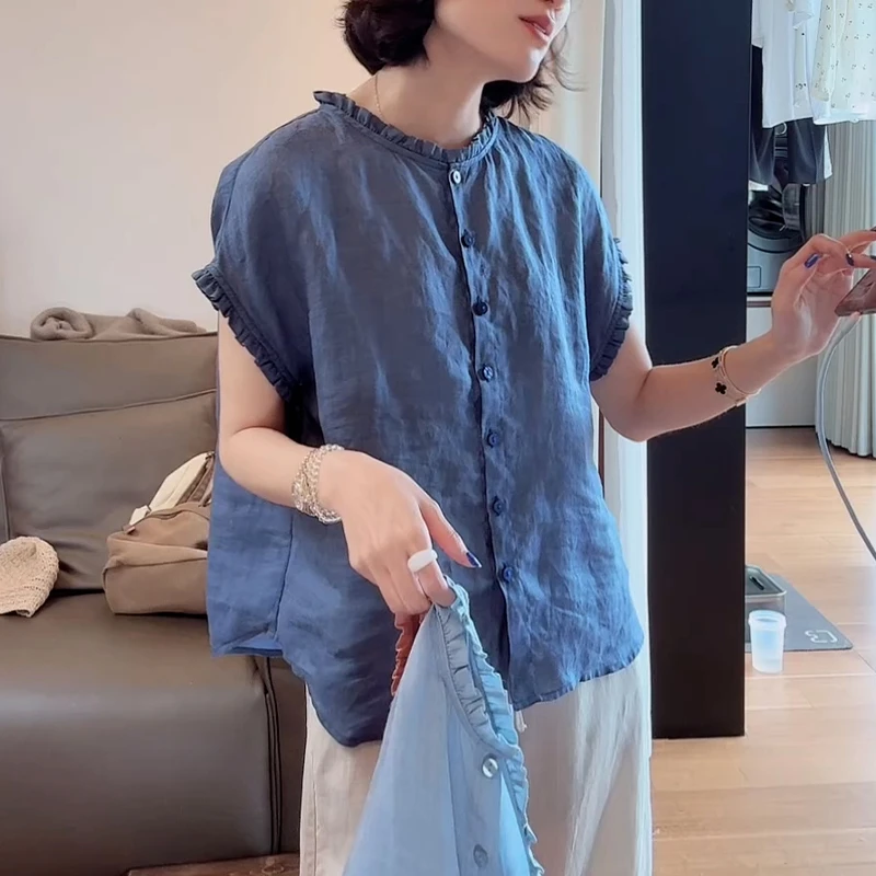 木耳边拼接纯色短袖衬衫女2025年夏季新款时尚百搭设计感显瘦上衣
