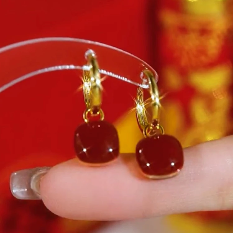 港风复古酒红耳坠气质高级感轻奢耳环女2025年新款防过敏纯银耳饰