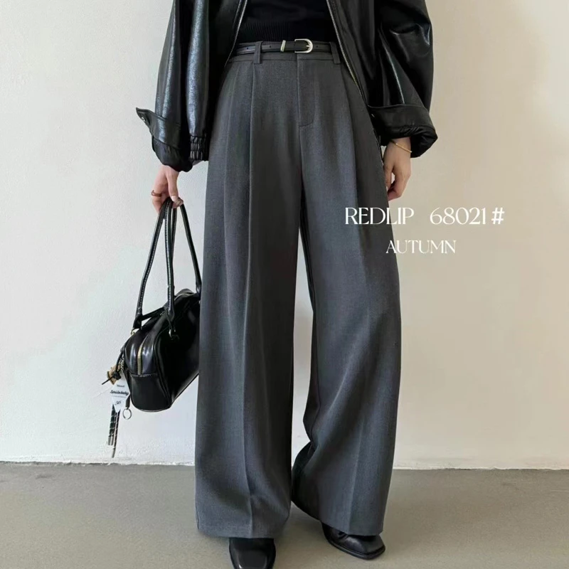 红唇68021西装阔腿裤女春秋新款宽松韩系高腰休闲拖地长裤