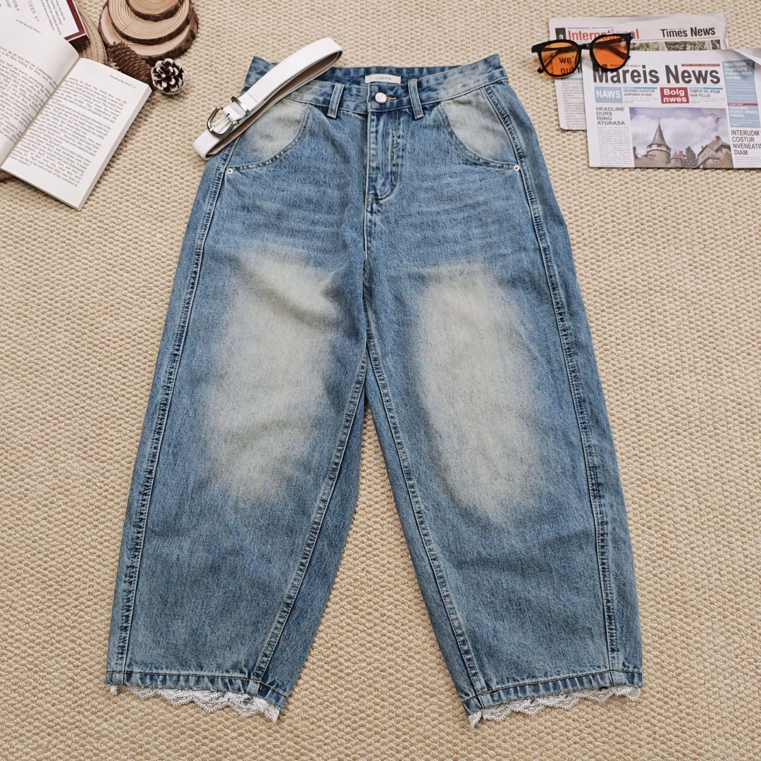 2025春季新款做旧蕾丝配腰带牛仔裤0871