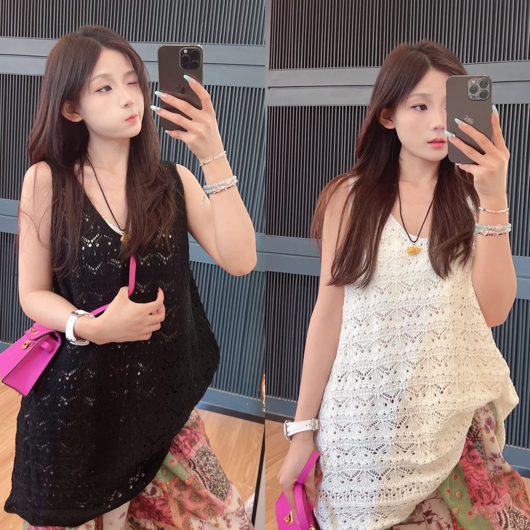 xxxwxz王希之   黑/白色手工钩花针织背心桃心领U美背长款#z2067