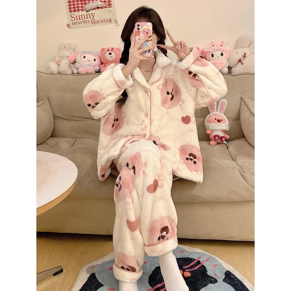 SUAM RUO秋冬季天卡通女士睡衣毛绒珊瑚绒家居服加绒加厚大码套装