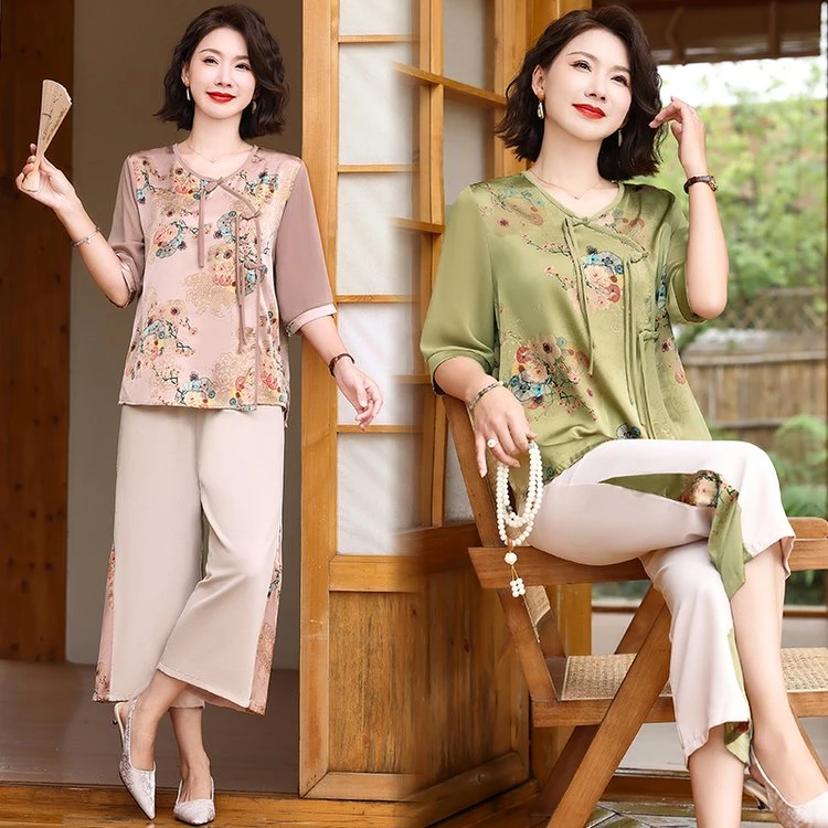 2025夏季流苏盘扣中老年新中式国风妈妈装套装洋气印花薄时尚宽松