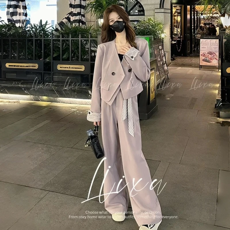 时尚西装套装女士春秋新款蕾丝拼接小西服高腰长裤韩系穿搭两件套