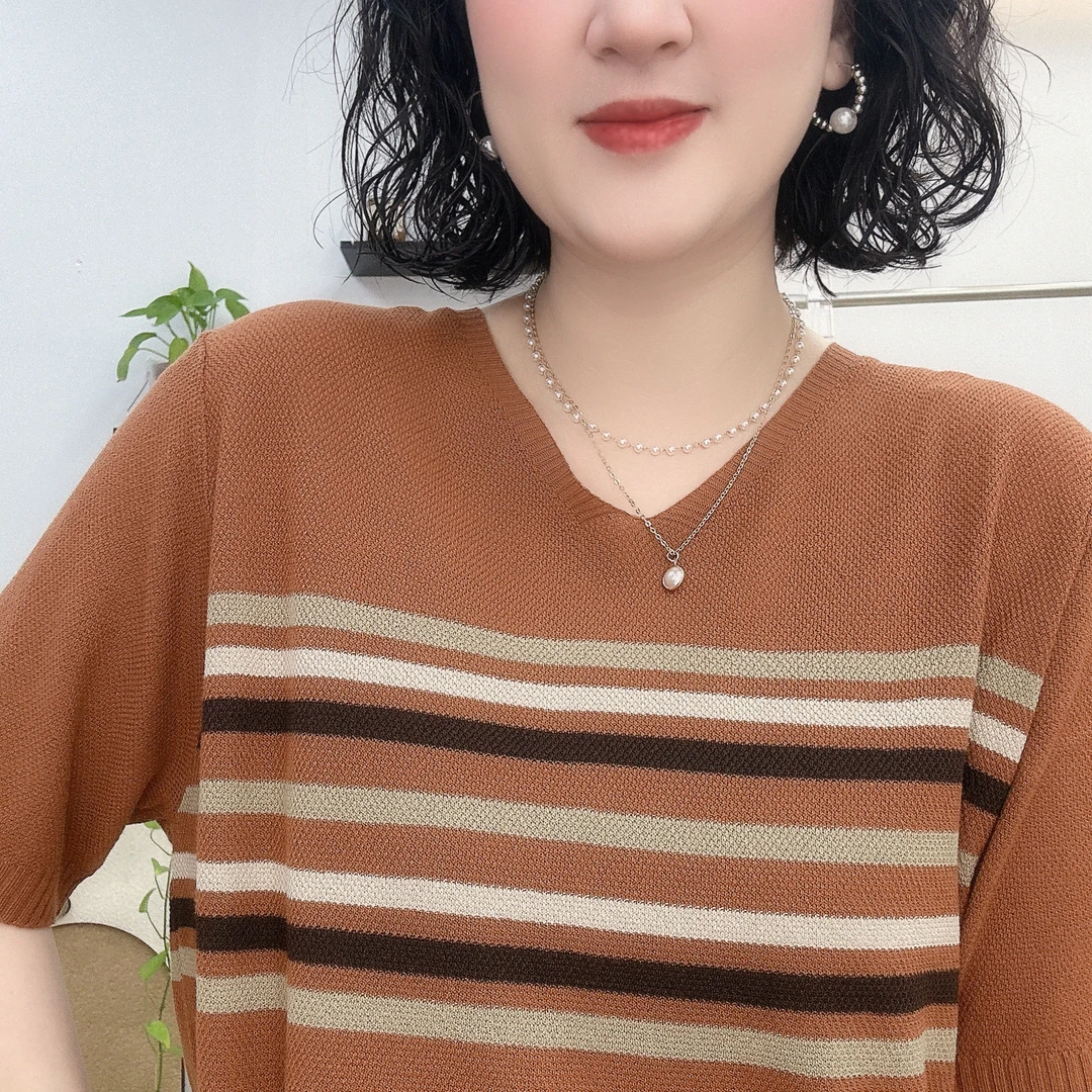 港风初夏V领半袖毛衣宽松大码文艺显瘦棉麻大码女装条纹针织衫T恤