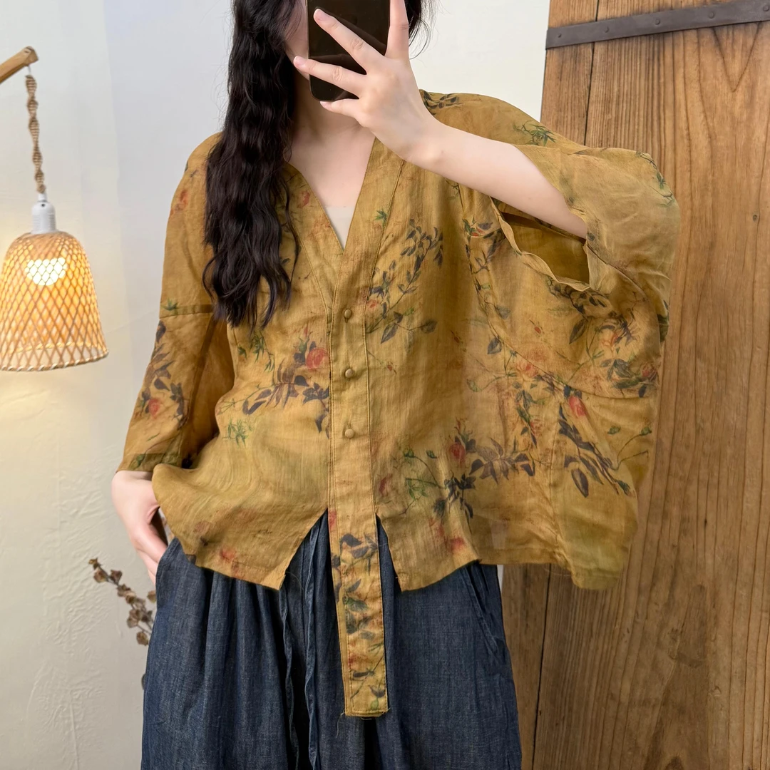 【半奏】休闲百搭数码印花蝙蝠袖苎麻系扣开衫 胸围150衣长前50后60