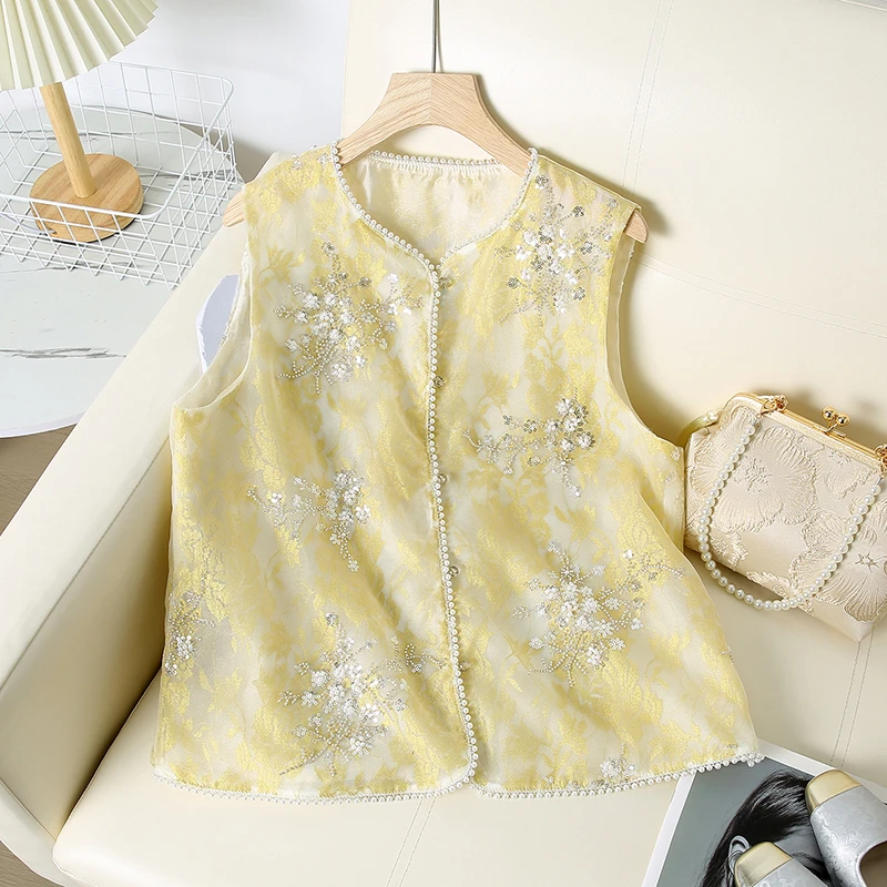 新中式重工刺绣亮片高级感马甲时尚减龄夏季薄款提花马夹外套女装