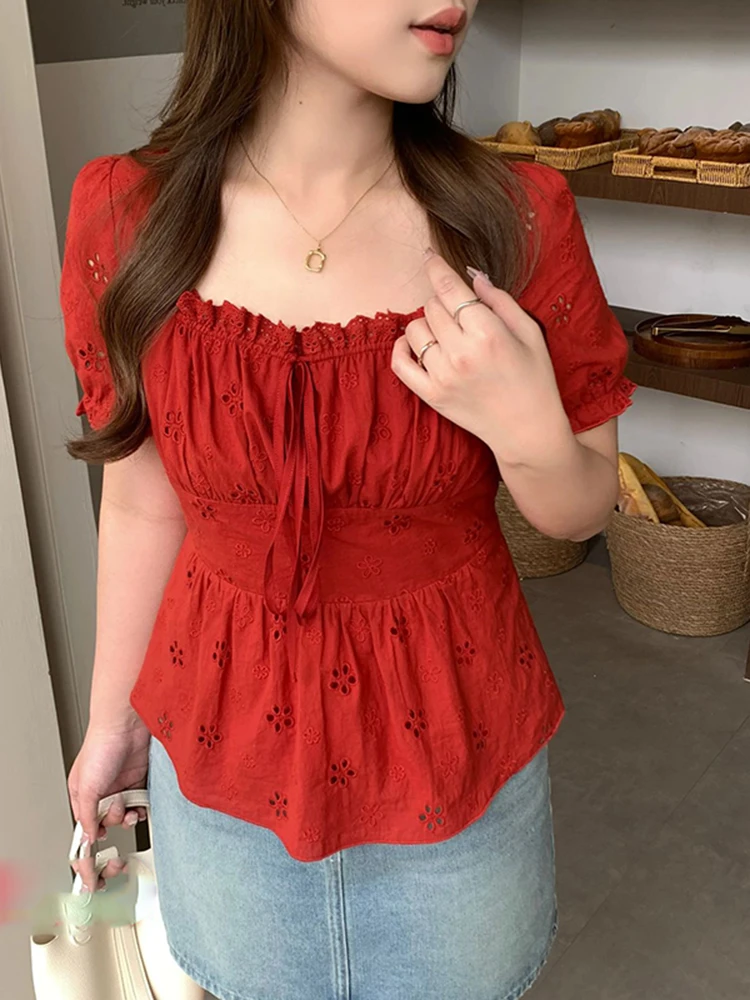 高级感镂空钩花蕾丝衬衫女装大码微胖mm显瘦短袖上衣法式气质小衫