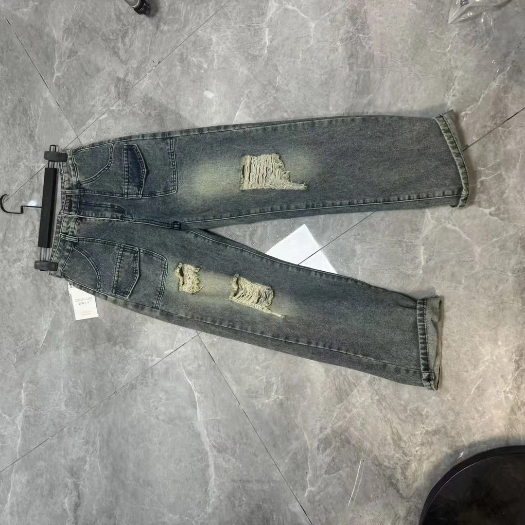 街头复古设计感小众高腰破洞阔腿牛仔裤女夏季时尚百搭
