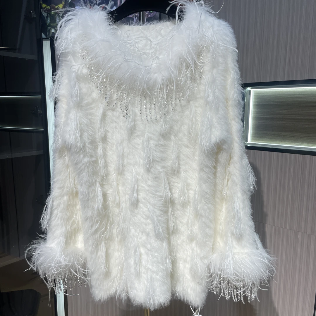 <猪猪出品>红人上新气质针织套头白色设计师秋冬流苏袖口滴钻 355