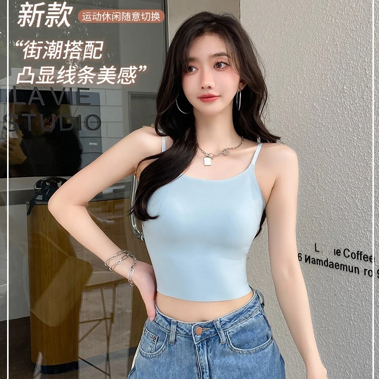 冰丝吊带背心女固定杯外穿裹胸大露背修身显瘦内搭短款抹胸吊带
