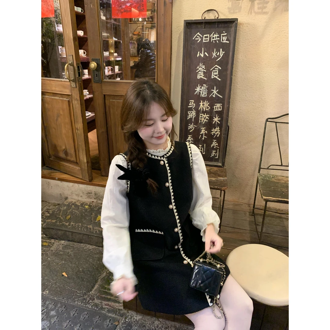 洋装高级感毛呢马甲背心裙春秋套装两件套小香格子套装两件套