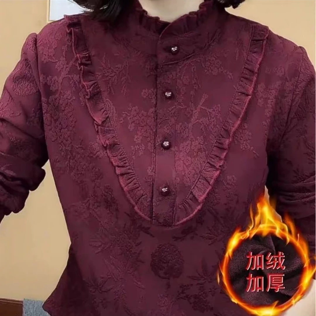 秋冬洋气百搭加薄绒女士半高领木耳边套头长袖打底衫巨显瘦