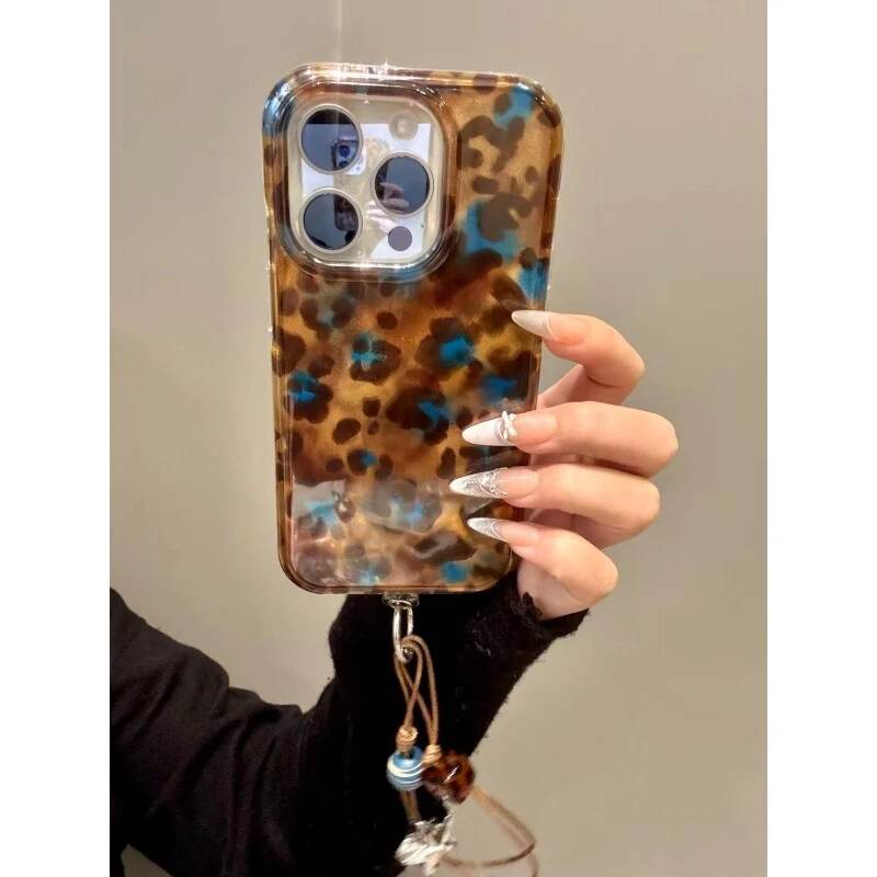 小众高级感云雾蓝棕豹纹适用iphone16promax苹果15pr手机壳14新款