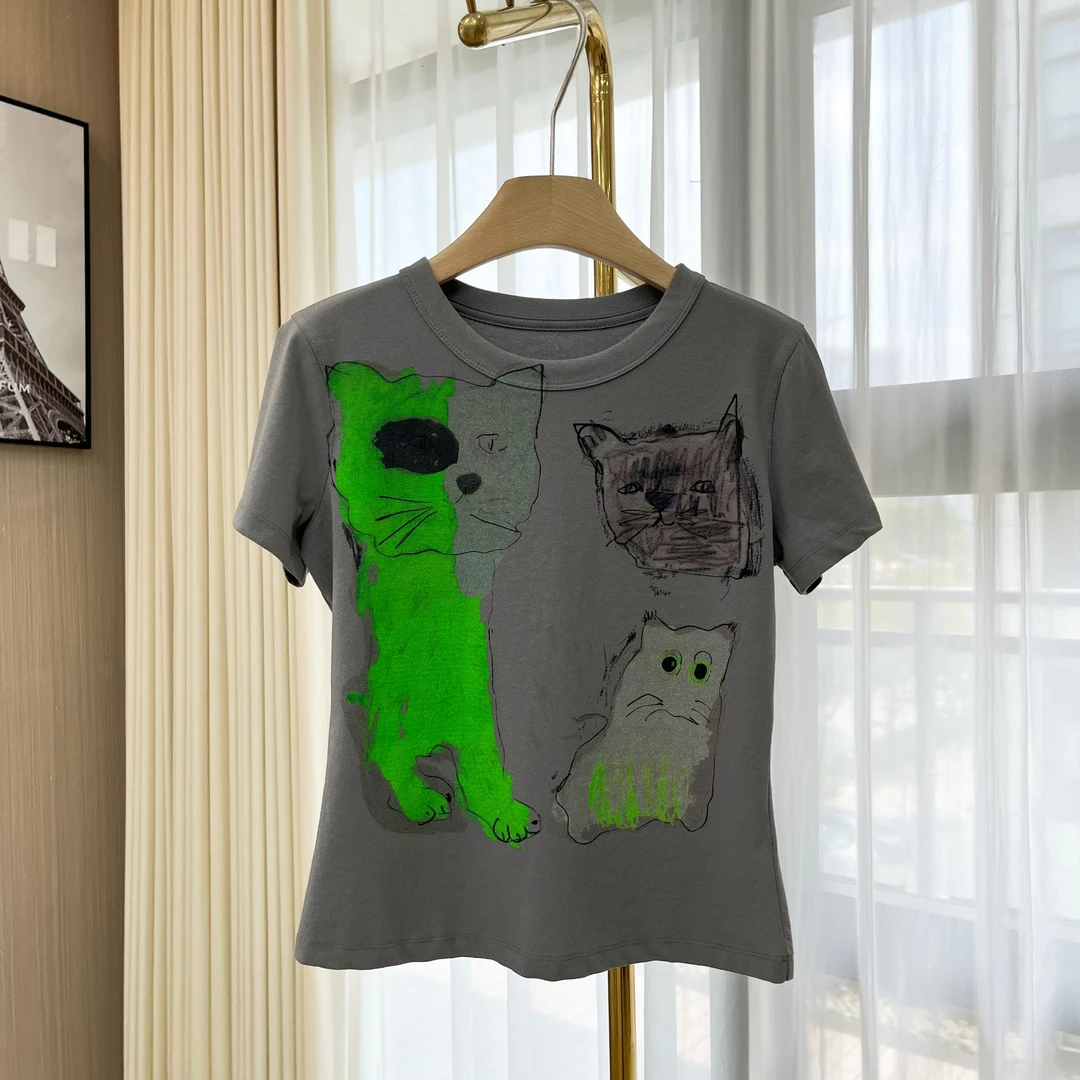 甜美清新白墨印花短袖-25793