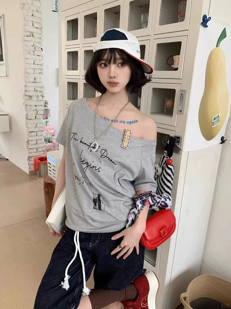 美式复古灰色斜露肩短袖t恤女夏季新款松弛感慵懒风宽松显瘦上衣