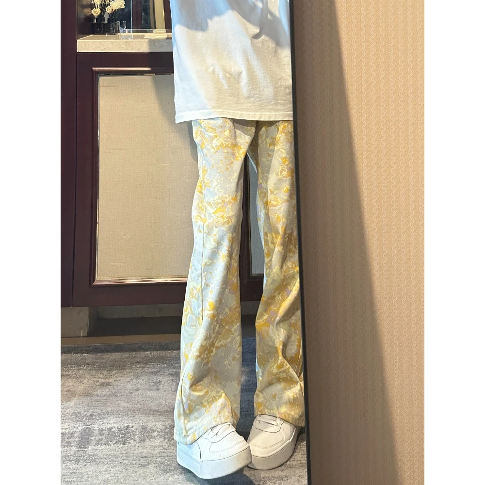 黄色提花满印微喇牛仔裤男女美式高腰提档弯刀撞色显瘦小香风裤子