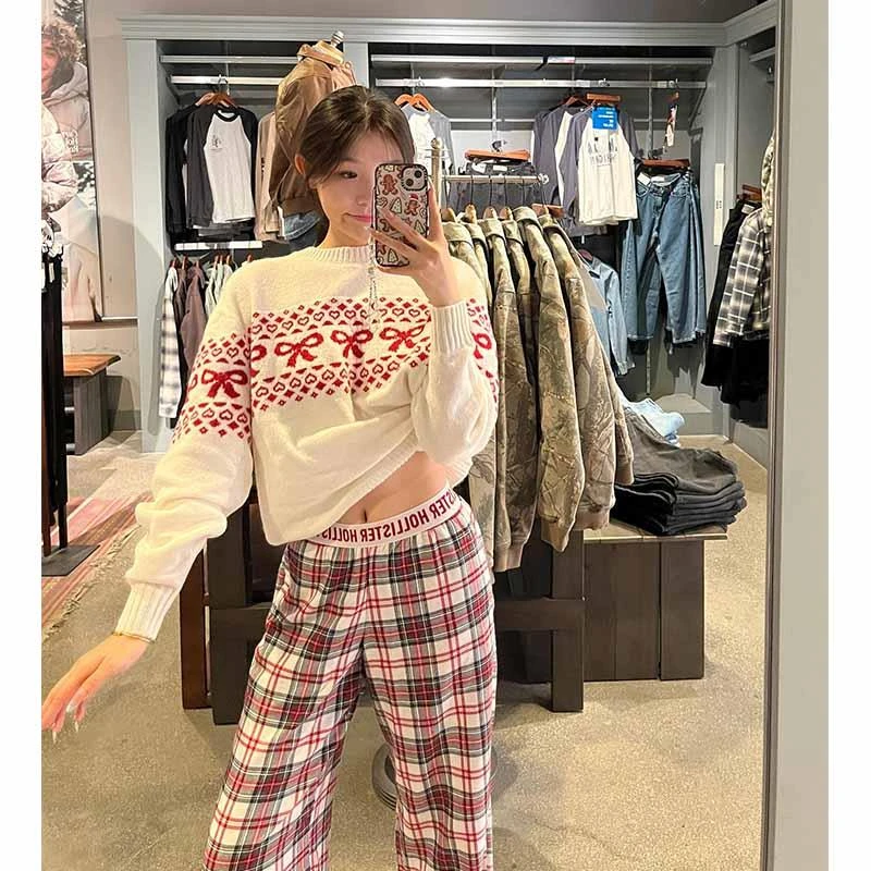 高级设计感束腰字母撞色格子直筒休闲裤子女2024年冬季新款阔腿裤