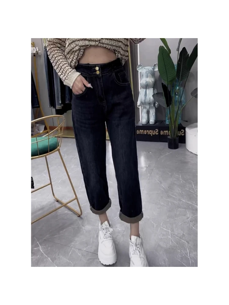 复古高腰哈伦牛仔裤女2025早秋新款小个子弹力显瘦九分萝卜裤子