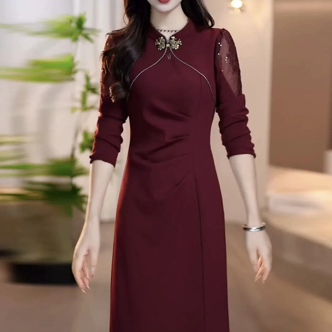 【连衣裙】2025秋季新款酒红色新中式国风气质优雅大气显瘦连衣裙