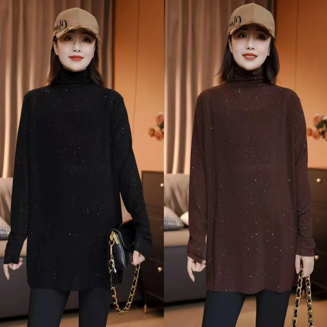 秋季新款 高领亮闪闪网纱底衫T恤气质显瘦遮肉百搭遮肚圆领上衣