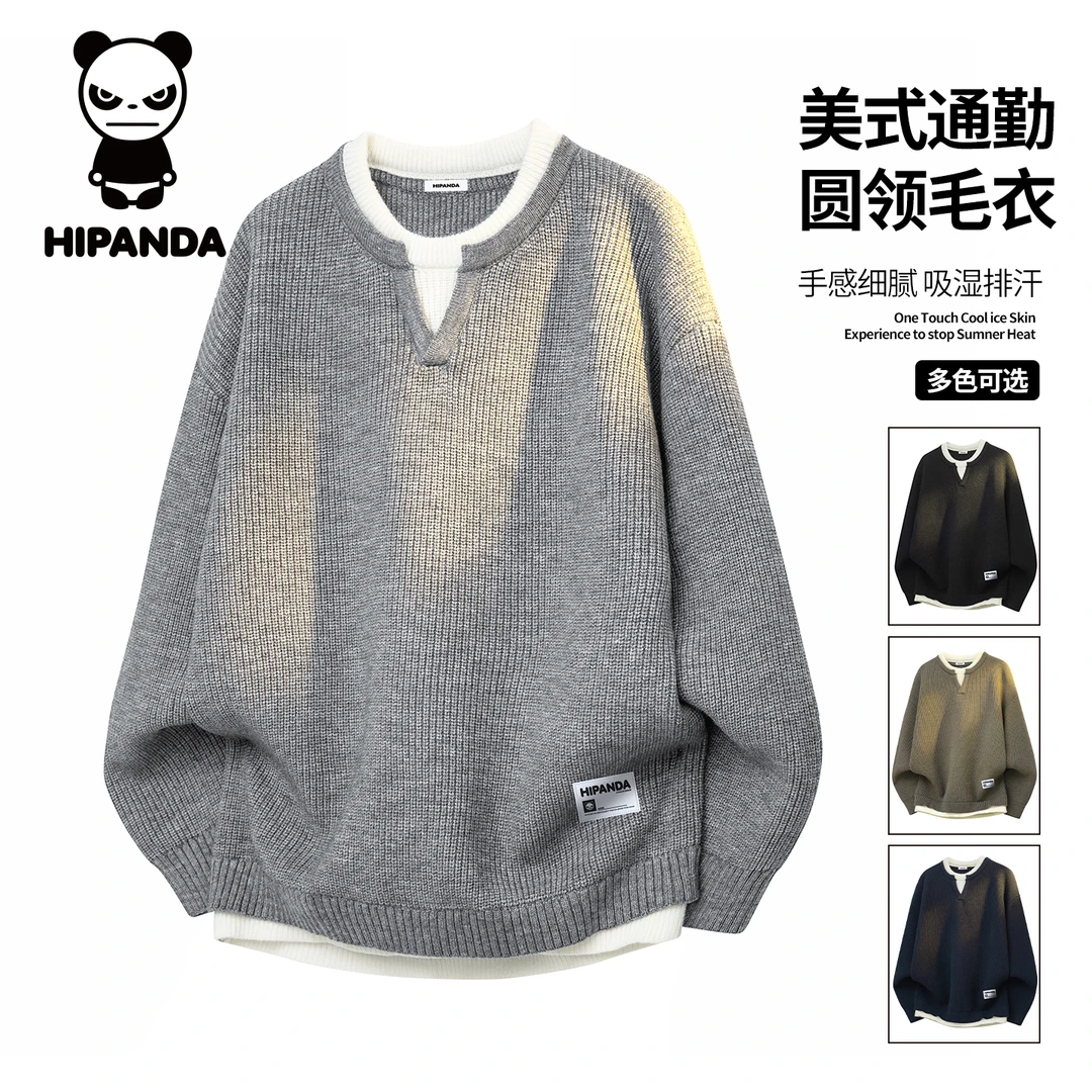 Hi Panda你好熊猫秋冬新款假两件V领毛衣男士宽松百搭休闲上衣服