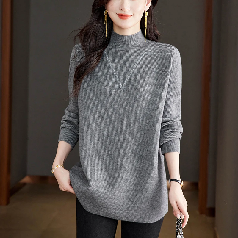 灰色高级感打底衫2025新款轻奢高级感女装毛衣中长款大码遮肚上衣