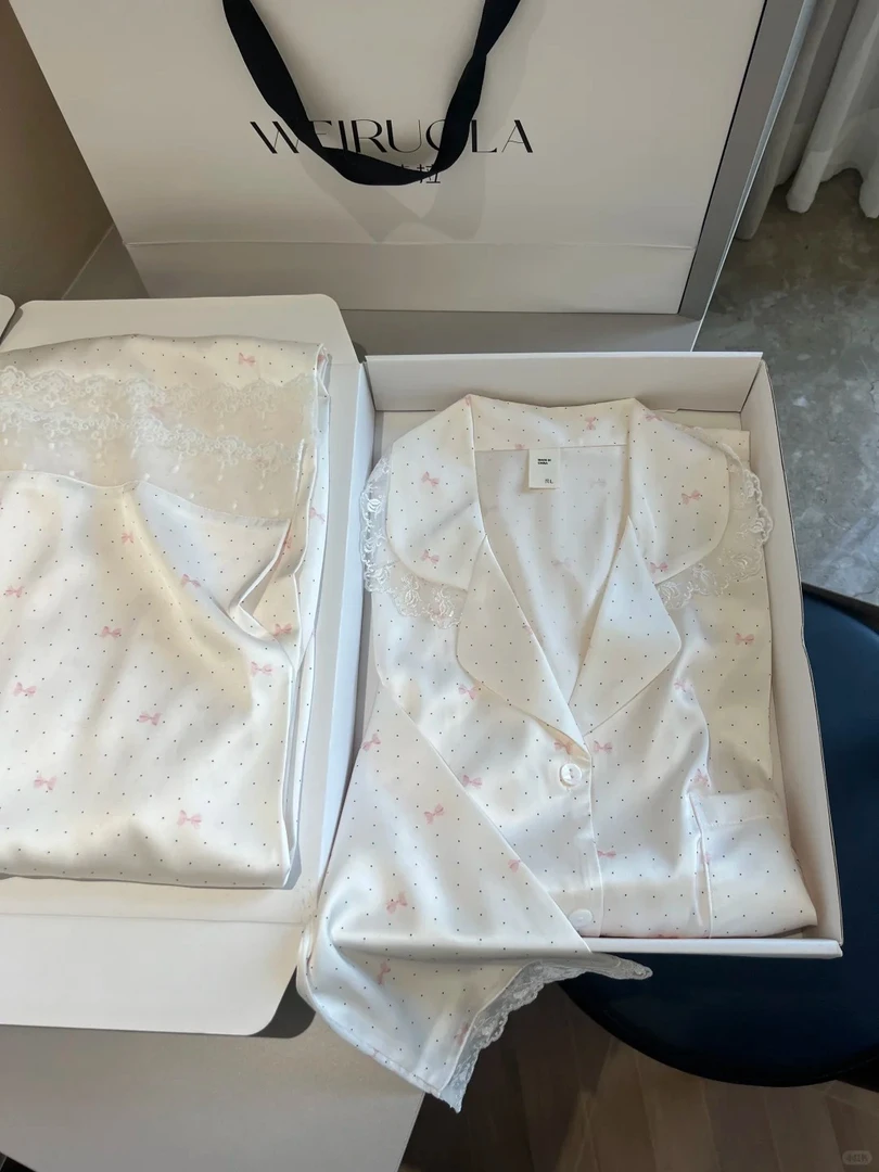 韩系甜美波点蝴蝶结冰丝睡衣女早秋新款长袖套装大码宽松家居服