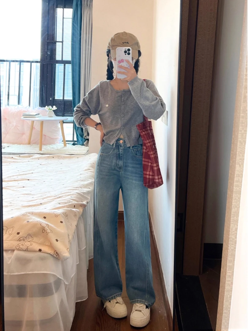 蓝色港风阔腿裤女2025新款高腰显瘦大码胖mm小个子夏季薄款牛仔裤
