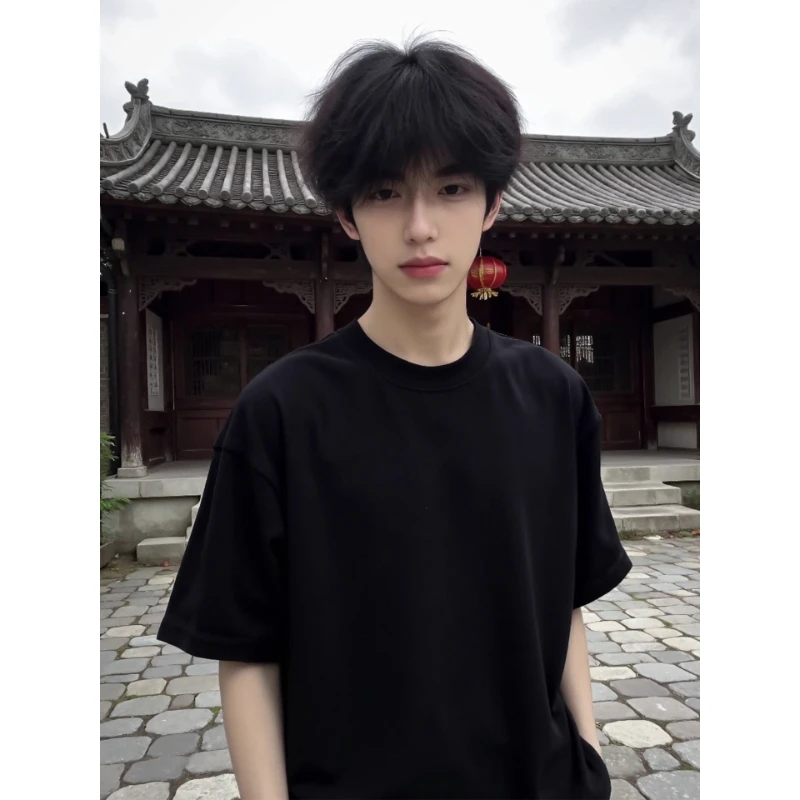 美式高街黑色短袖男款夏季重磅小领口t恤高级感痞帅纯棉运动半袖