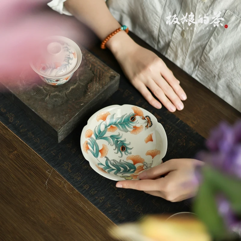 板娘的茶景德镇全手绘雅圣凤尾壶承杯托145mm家用