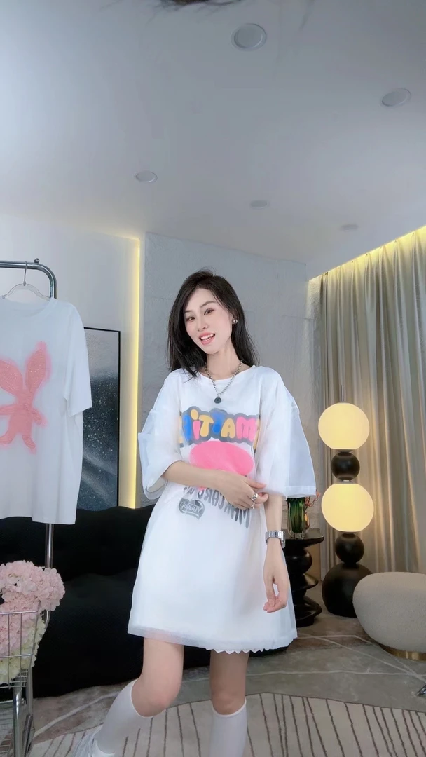诺小晨定制---夏季新款欧根纱假两件连衣裙中长款宽松短袖t恤T35