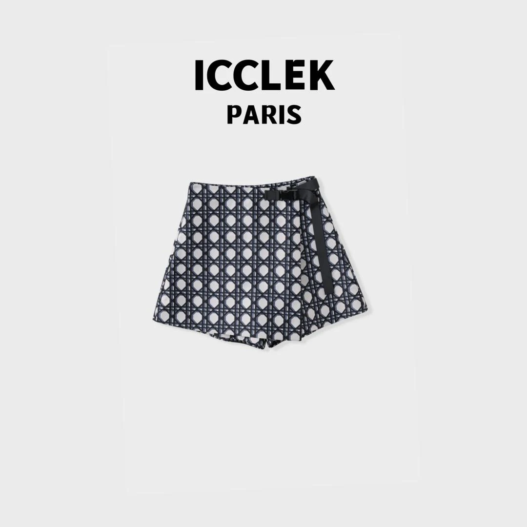 ICCLEK  菱格纹调节扣收腰半身裙裤 显瘦 -3055