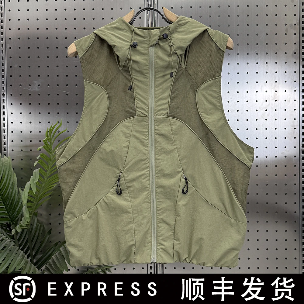 K008夏季新款休闲设计感时尚百搭拼接薄款连帽透气马甲