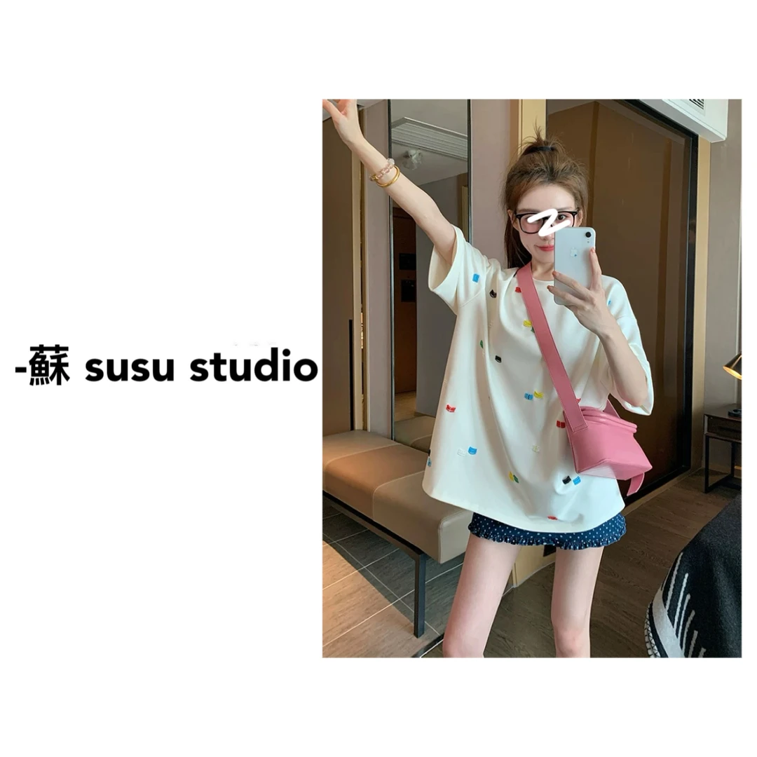 重工立体珍珠短袖t恤女2025新款夏季美式复古宽松慵懒上衣170X