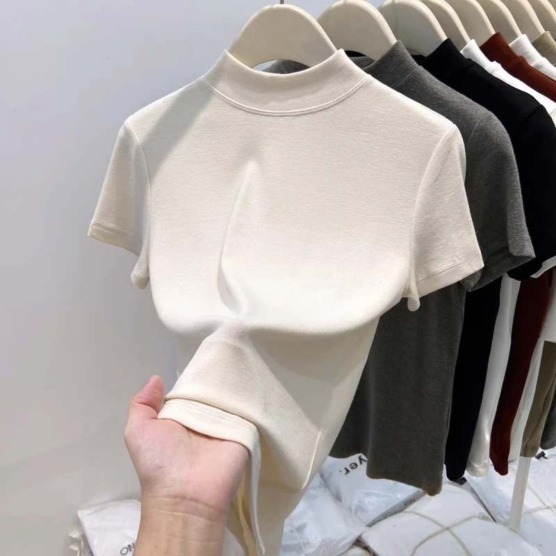 芊芊芙半高领短袖T恤女春夏2025新款韩系修身显瘦打底衫洋气上衣