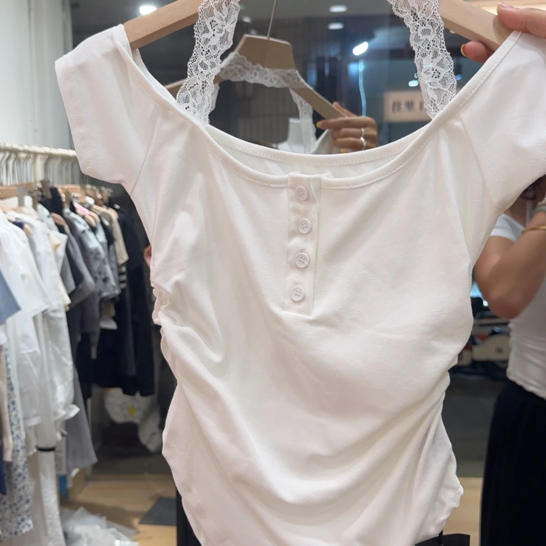 棉纯棉蕾丝裹脖一字肩