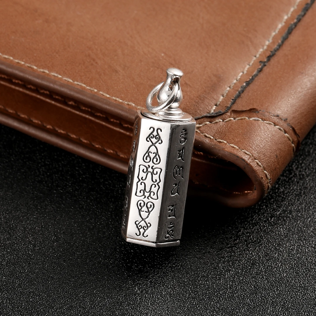 吊坠足银 s999六字真言嘎乌盒 楞严咒梵文纯银开盖六边形吊坠
