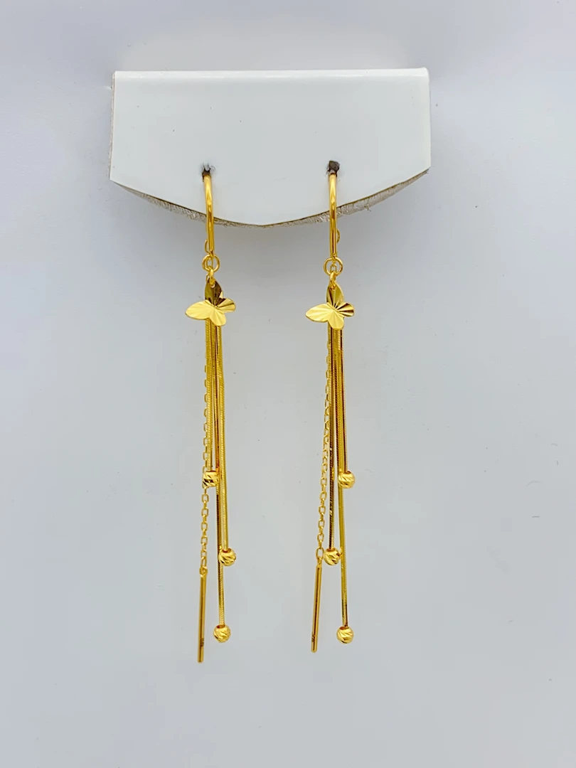 老庙黄金2 足金 精工5G工艺 亮面秀气蝴蝶流苏 U型耳线 2.52克