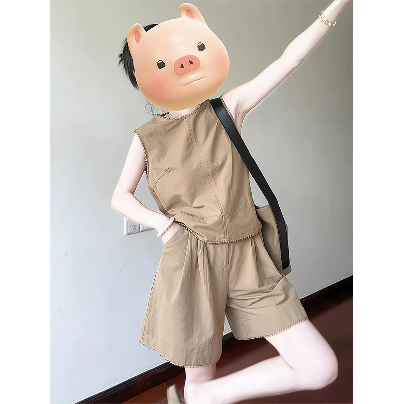 2025新款女士夏季慵懒风松弛感圆领无袖背心上衣高腰阔腿短裤