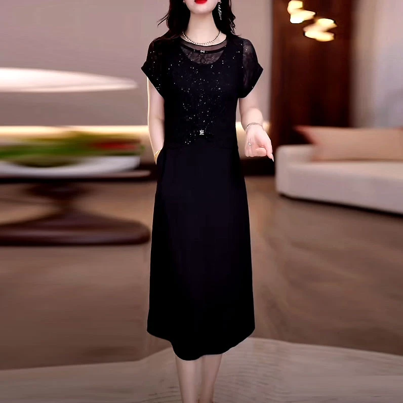 冰丽丝时尚减龄两件套裙子2025夏季新款修身显瘦中长款气质连衣裙